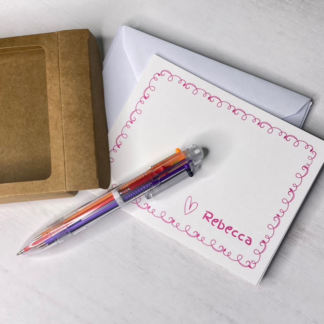 Personalized kids notecards with a multi-color pen. Best gift for kids, great stocking stuffers, budding writer gift.
