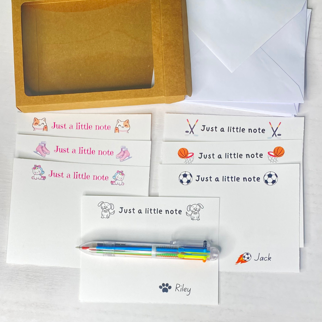 Personalized gift for kids! Encourage writing special notes to loved ones with these customized notecards and multi-color pen!