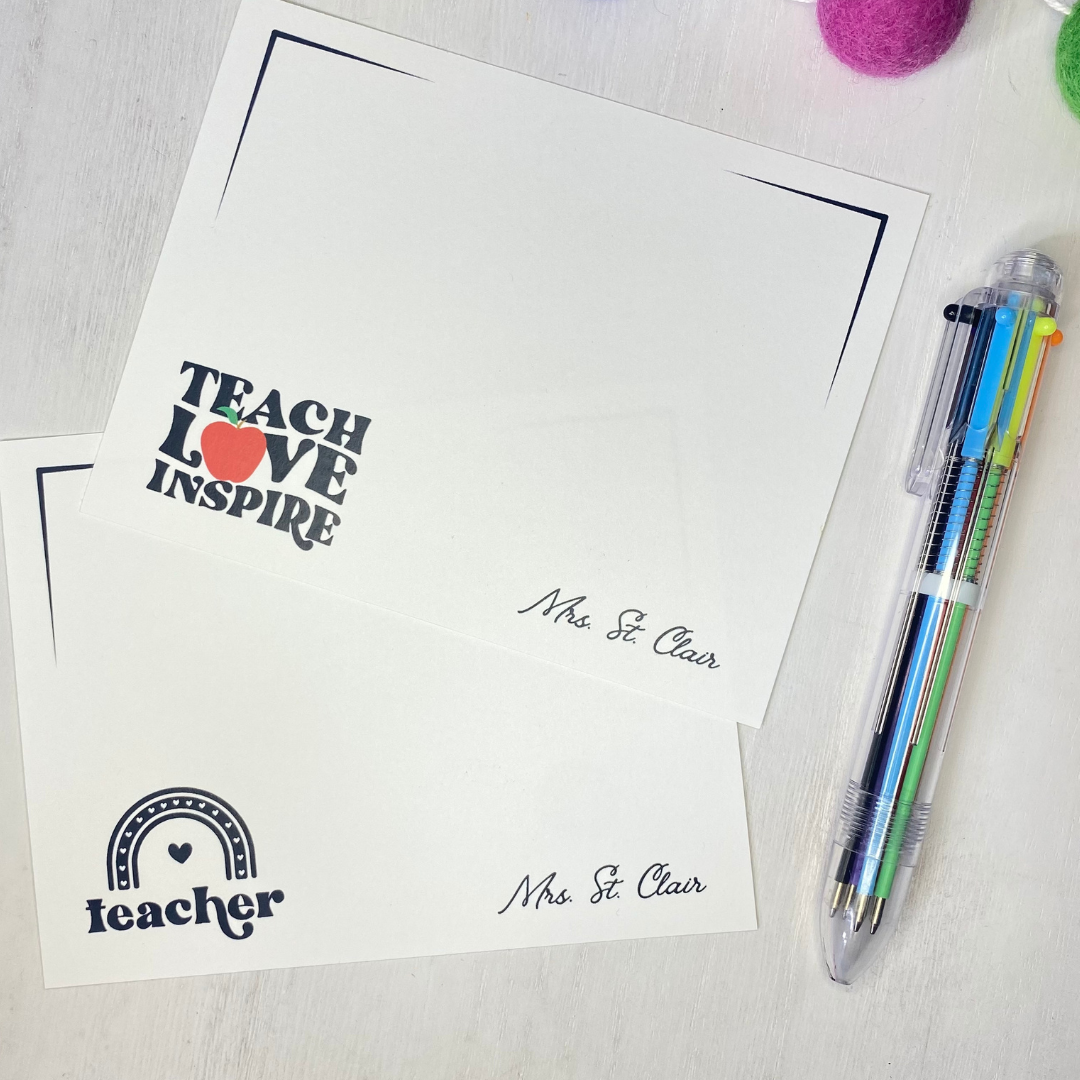 Best, unique gift for teachers. Personalized notecards for your child's teacher. Teacher appreciation gift.  Black and white graphics on notecards: Teach, Love, Inspire and a Black and White Teacher Rainbow.  Comes with multi-color pen.