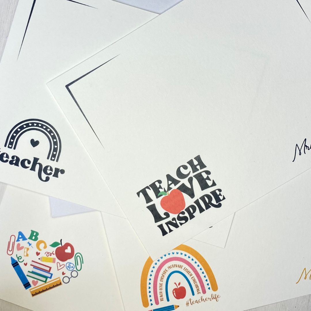 Best, unique gift for teachers. Personalized notecards for your child's teacher. Teacher appreciation gift.  Four themes to choose from: Black and White Teacher Rainbow, Teach Love Inspire, ABC Heart, and #teacherlife Rainbow. 