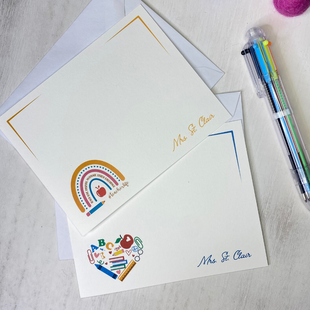 Best, unique gift for teachers. Personalized notecards for your child's teacher. Teacher appreciation gift.  Comes with 12 flat notecards with envelopes and a multi-color pen.