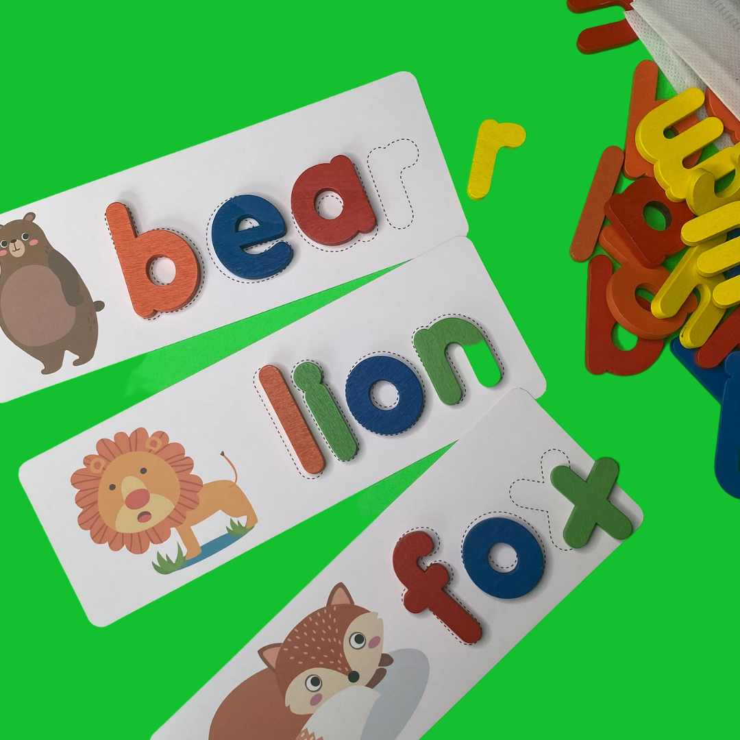 Wooden letters and double sided spelling cards with adorable graphics! Perfect for hands-on learning!