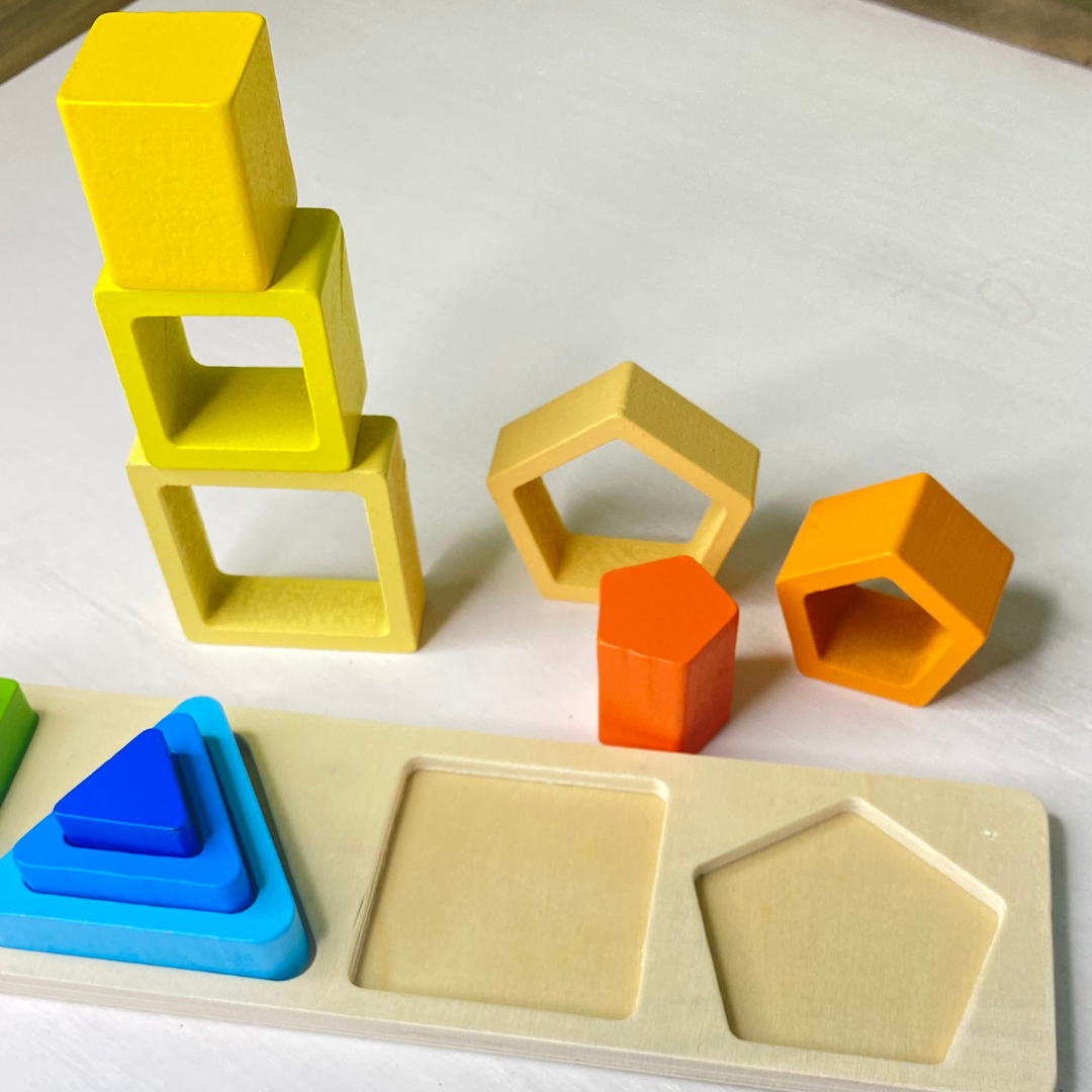 Perfect beginner wooden puzzle! Chunky wooden shapes great for matching and stacking!