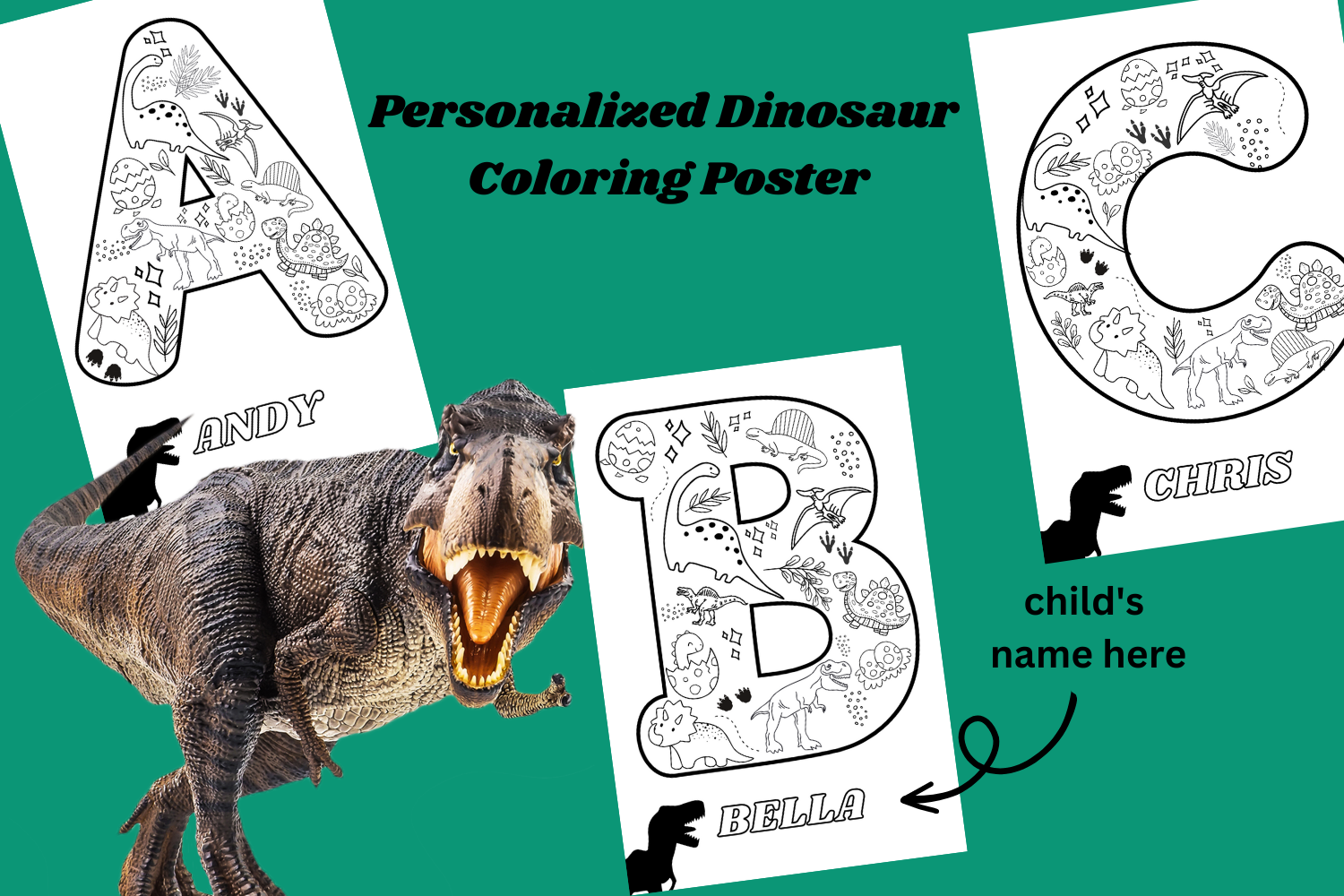 Personalied dinosaur coloring poster, black and white on premium cover stock paper!