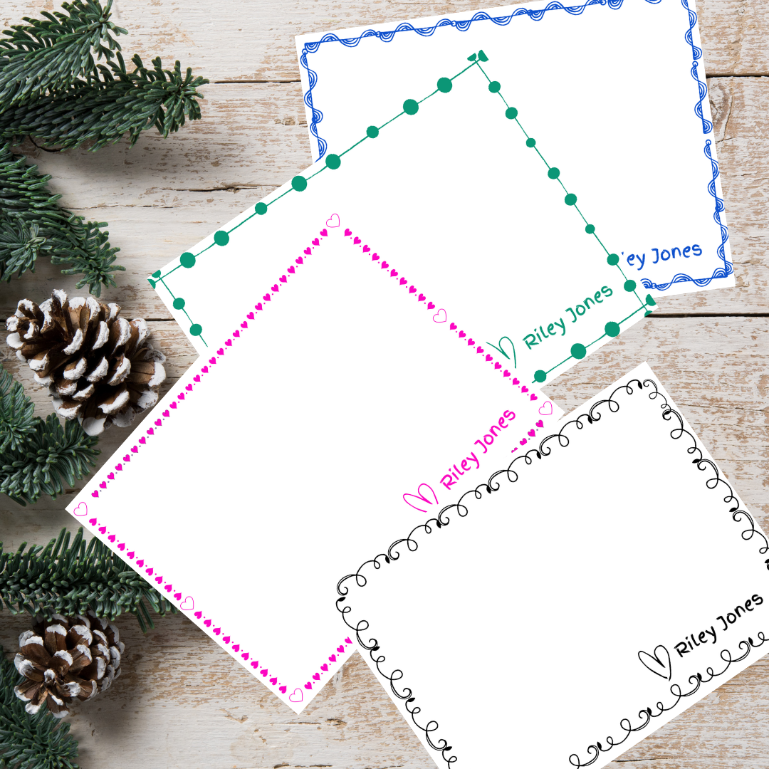 Personalized Notecards for kids. Choose border theme, color, and customize with your child's name!