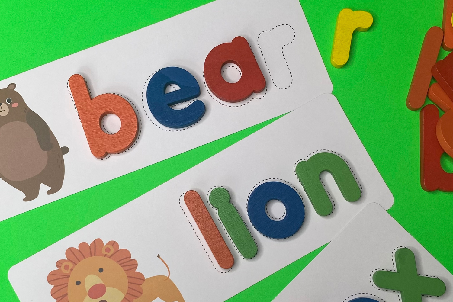 wooden letters and word cards for spelling practice for preschoolers and kindergarteners