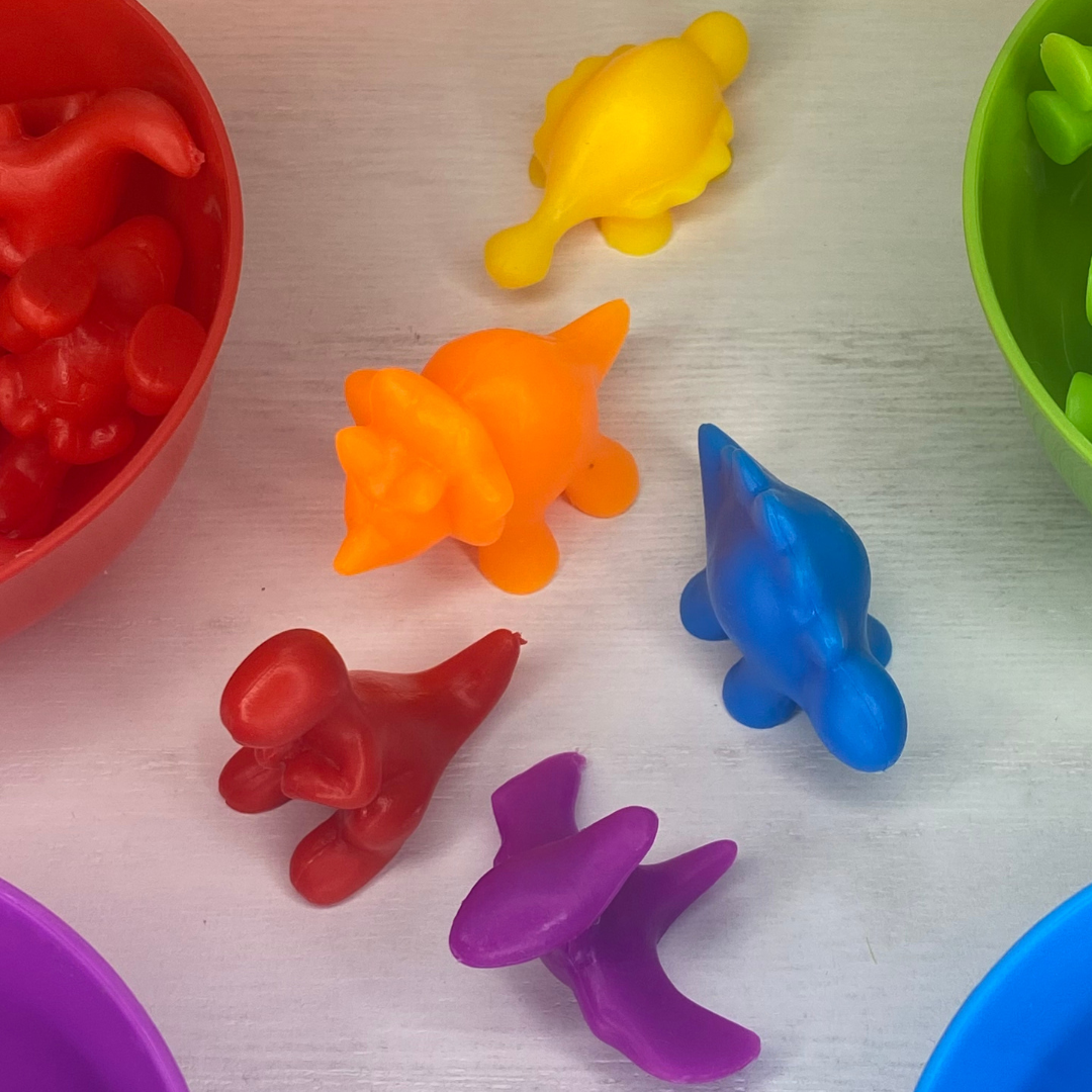 Durable dinosaur counters for counting skills and color sorting skills!