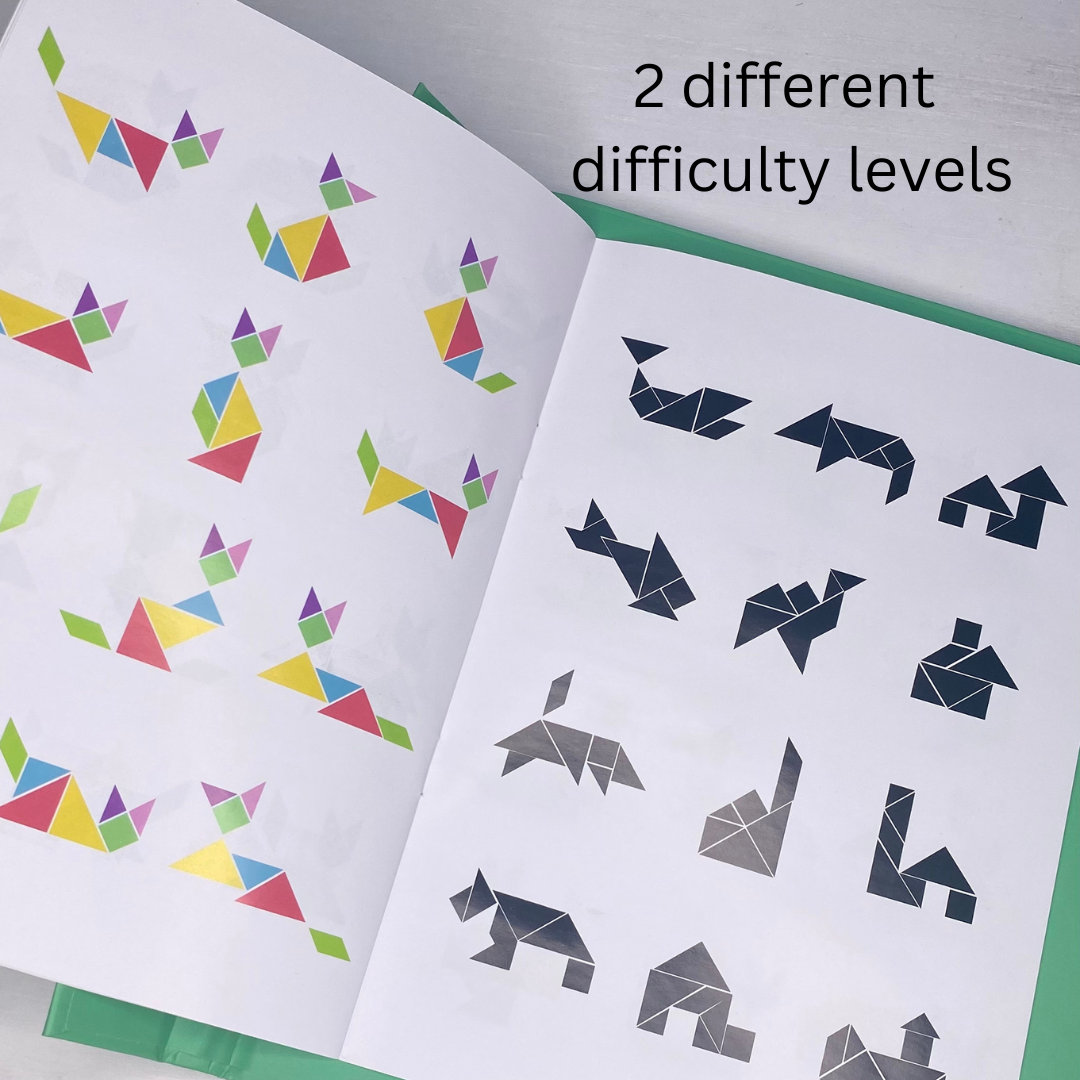 With two different difficulty levels, this tangram set grows with your child! Watch them learn how to problem solve and use their creativity at the same time!