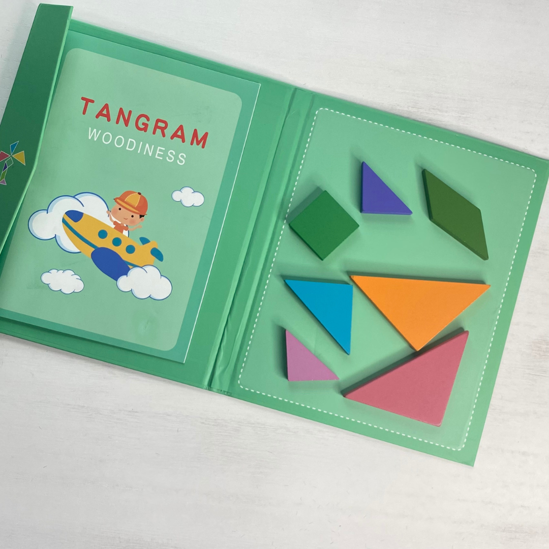Travel tangram set perfect for traveling in the car, airplane, or to pack to bring to grandma's!